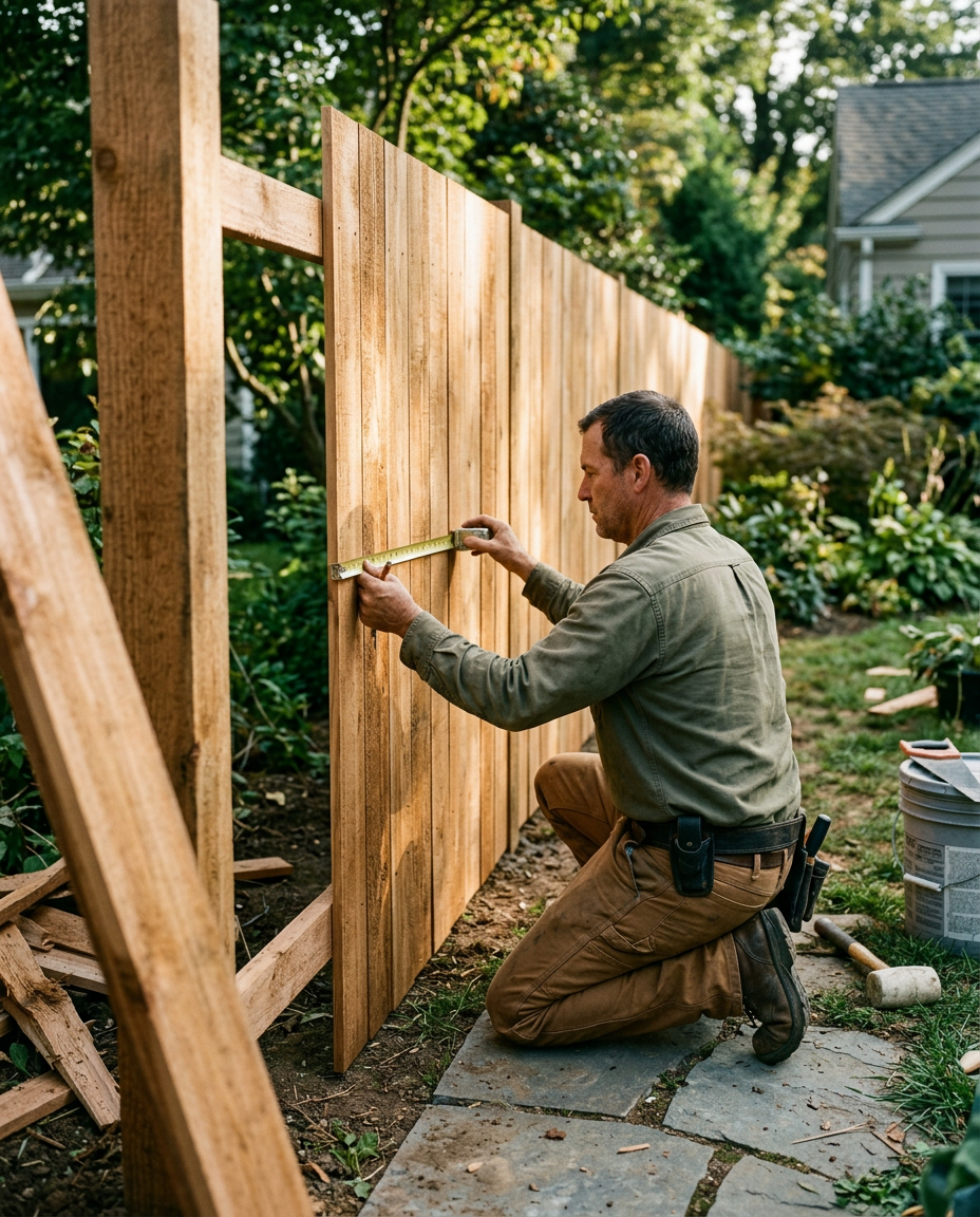A fence installer measuring cedar boards at a residential jobsite
