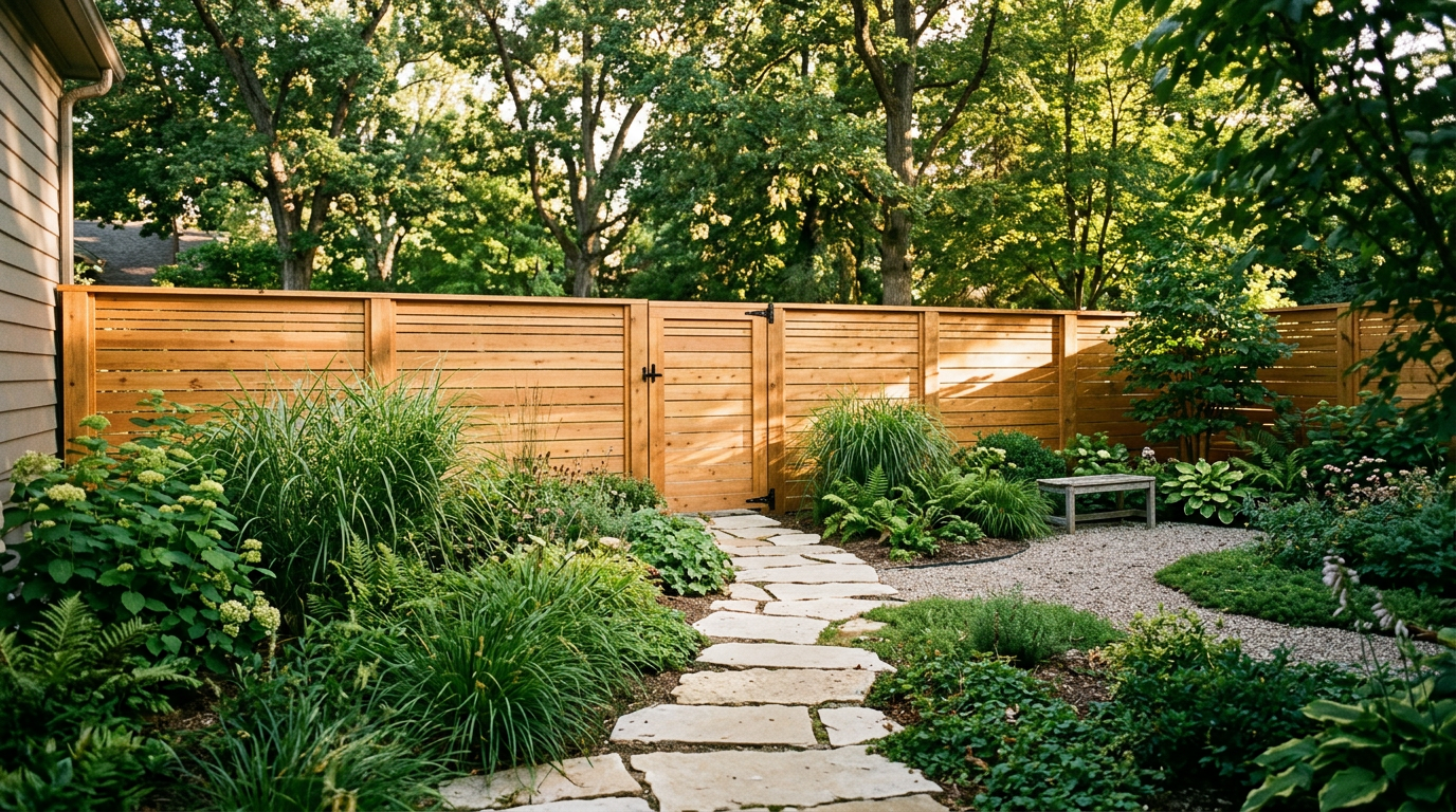 A completed cedar fence and gate surrounding a landscaped private backyard
