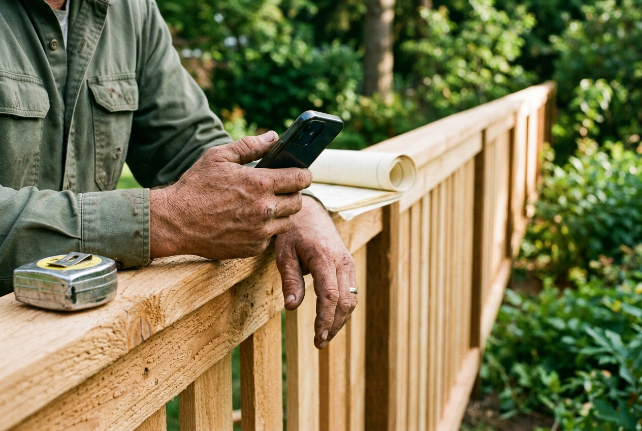 A fence installer checking their phone beside a finished cedar fence